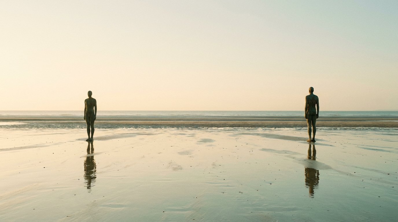 Cast iron figures on the wet sand of Crosby beach at low tide under a warm sky